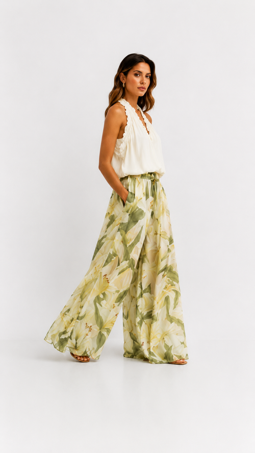 Alessandra | Gauze Ruffle Sleeveless Top & Lily Print Pants