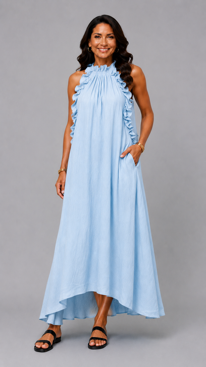 Fernanda | Elegant Sleeveless Linen Maxi Dress with Ruffles