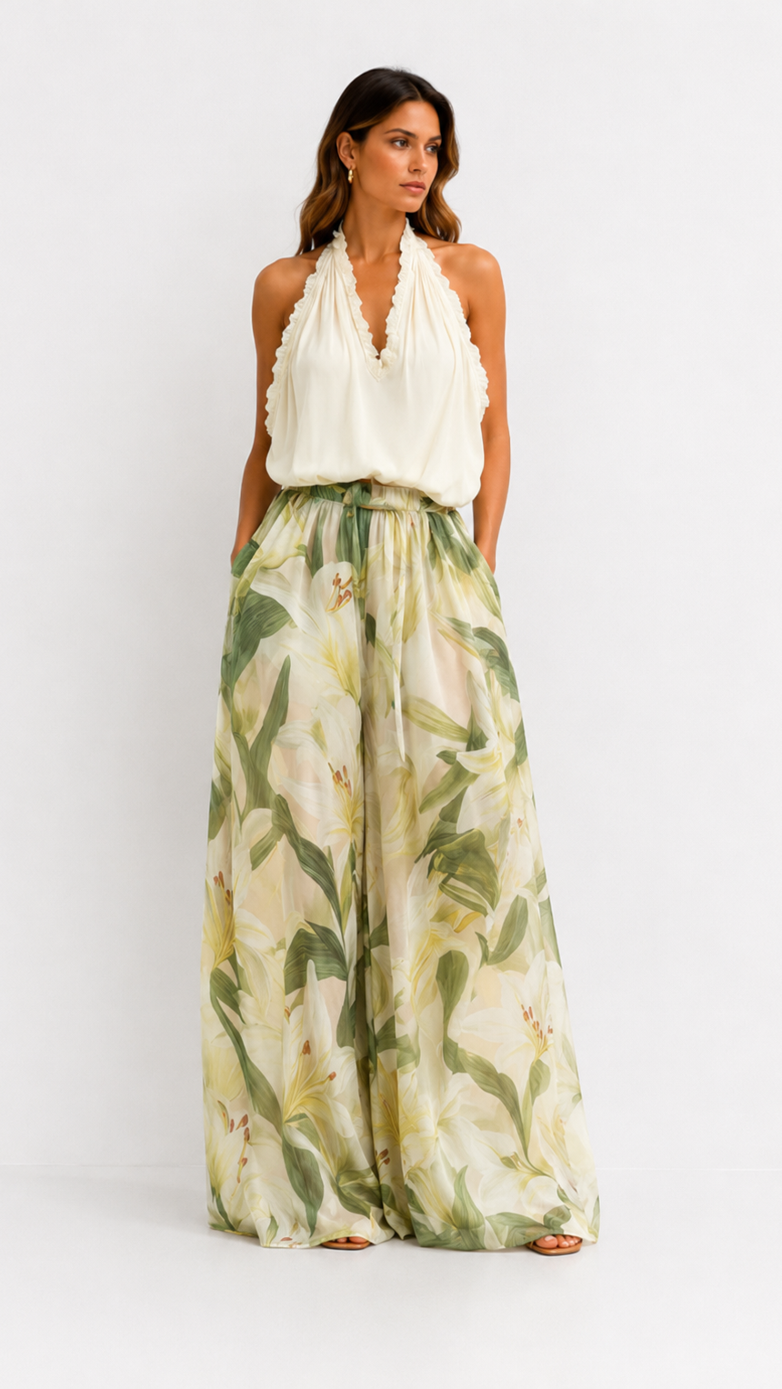 Alessandra | Gauze Ruffle Sleeveless Top & Lily Print Pants