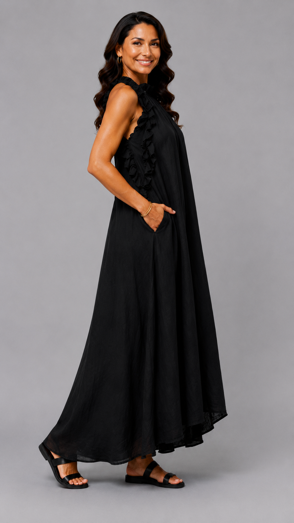 Fernanda | Elegant Sleeveless Linen Maxi Dress with Ruffles