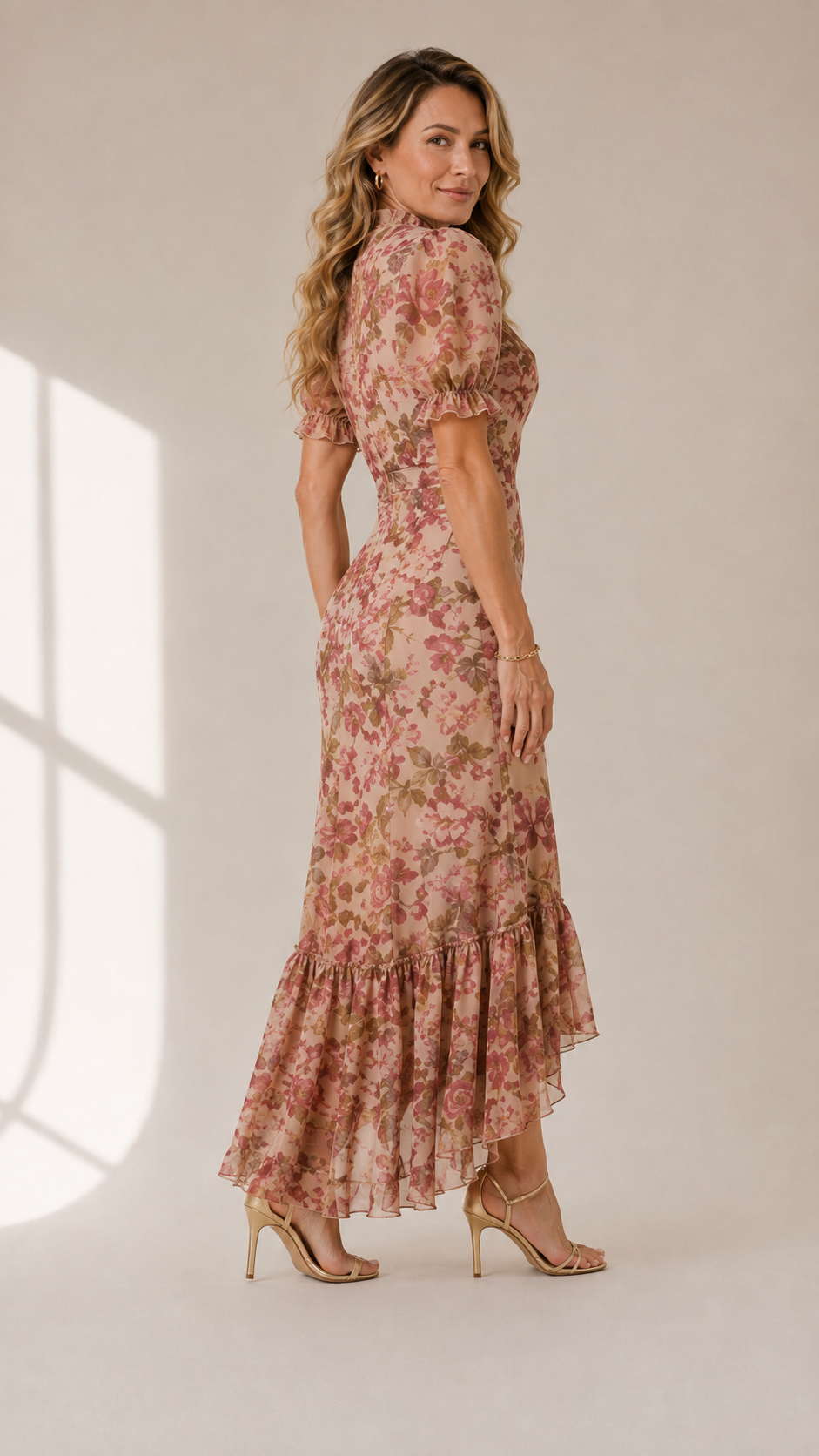 Fiora | Romantic Long Dress with Puff Sleeves and Vintage Rose P