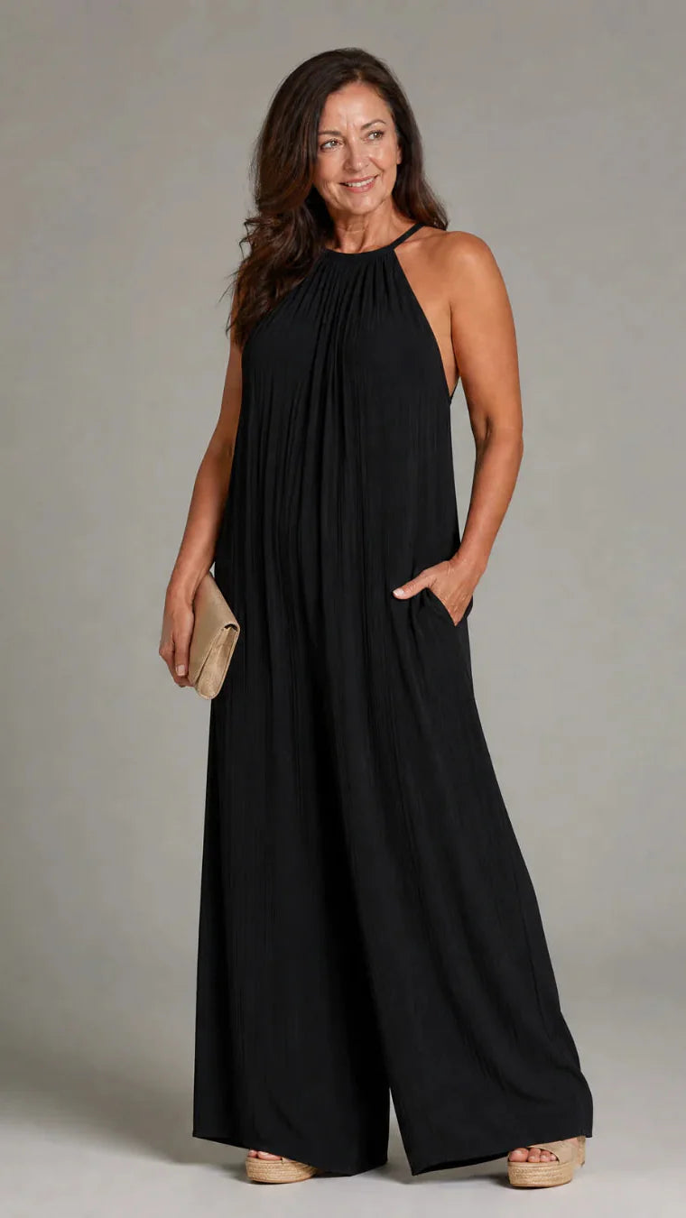 Sylvara | Elegant Wide-Leg Halter Jumpsuit
