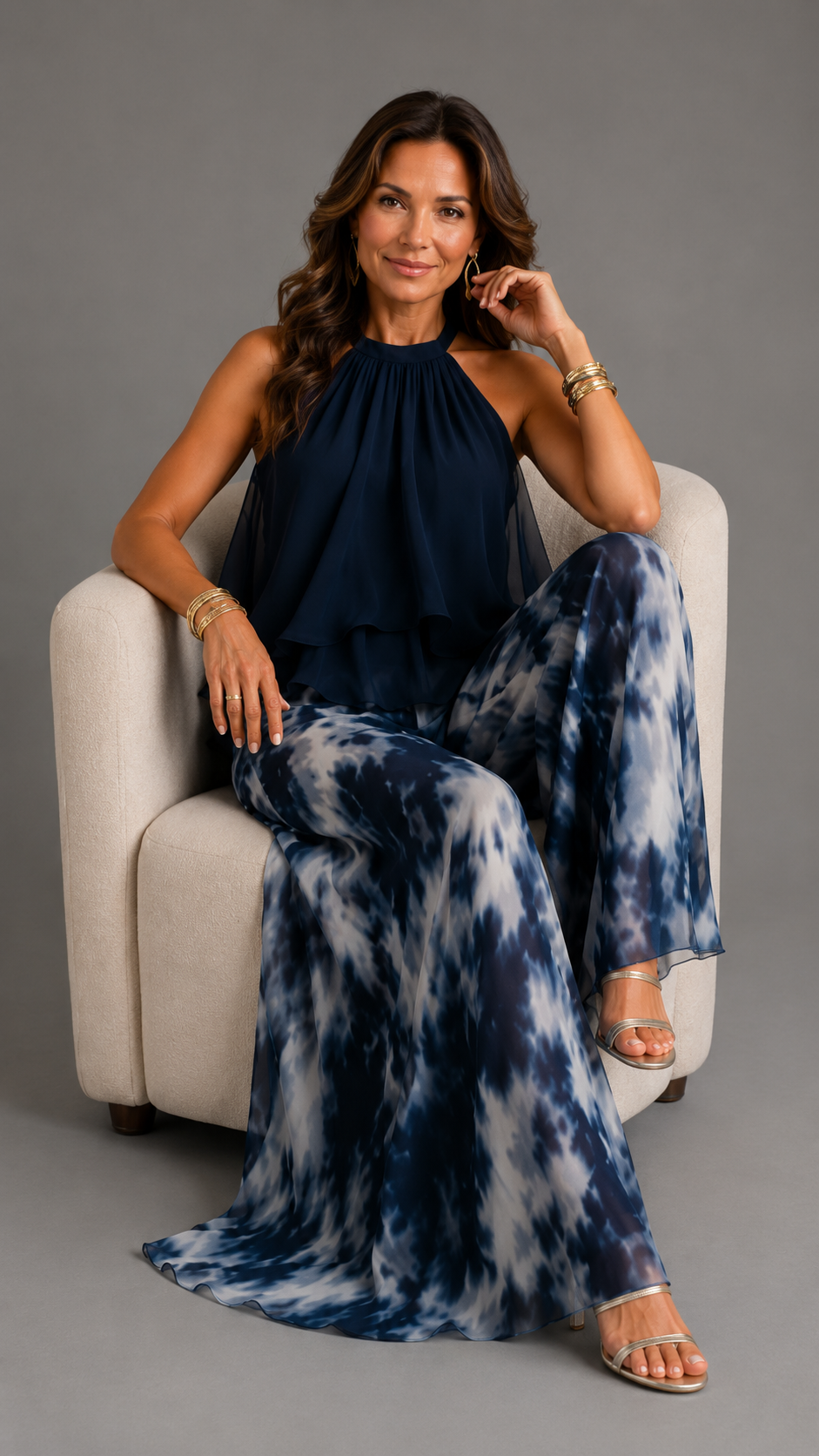 Ludovica | Elegant Navy Blue Halter Top & Printed Wide-Leg Pants Set