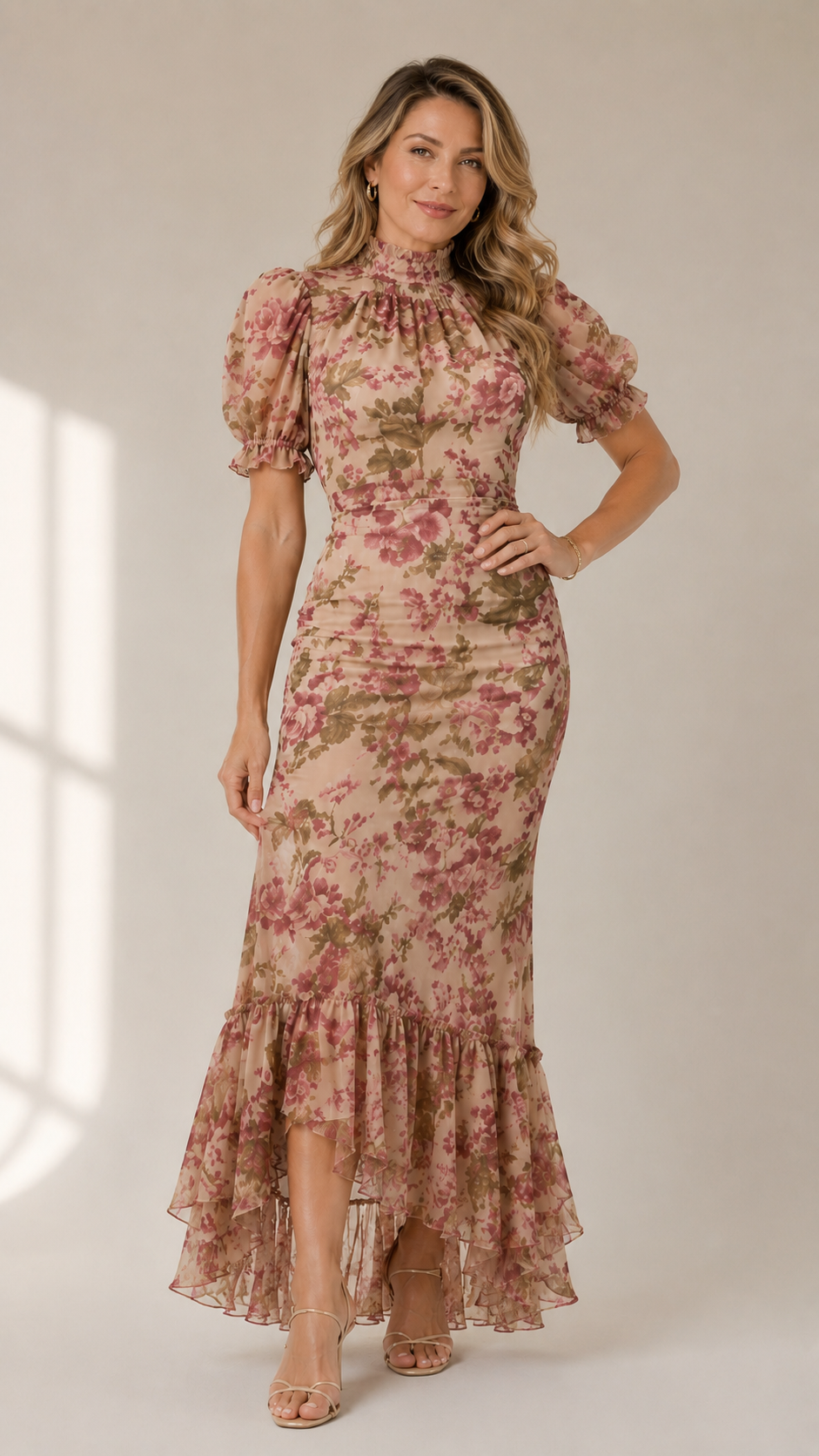 Fiora | Romantic Long Dress with Puff Sleeves and Vintage Rose P
