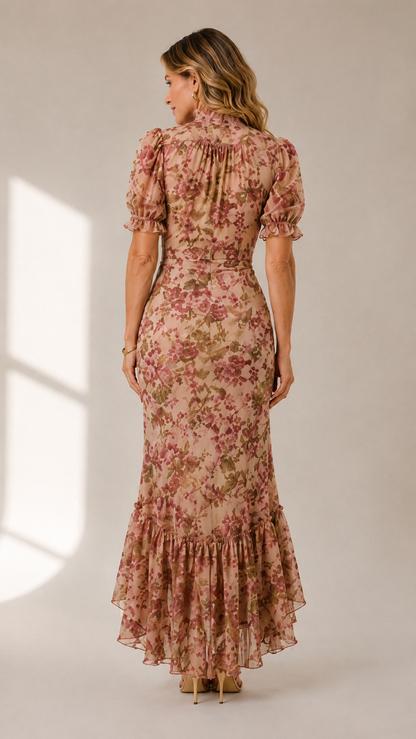 Fiora | Romantic Long Dress with Puff Sleeves and Vintage Rose P