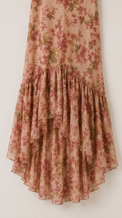 Fiora | Romantic Long Dress with Puff Sleeves and Vintage Rose P